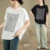 Foto Real de Camiseta Estampada de Manga Corta para Mujer Talla Grande Verano para Gorditas m Holgada Aspecto Adelgazante Top que Cubre la Barriga con Mangas de Murciélago