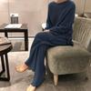 Conjunto de Punto Canalé Estilo Holgado Perezoso Otoño e Invierno Nuevo Sweater Cruzado Dividido Pantalones de Pierna Ancha Conjunto de Dos Piezas