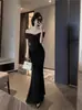 Vestido Longo Bodycon 2026 Estilo Férias Nicho Cotidiano Ombro a Ombro Emagrecedor Cintura Marcada Patchwork