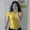 Camiseta Amarilla de Manga Corta Estilo Americano Chica Picante 100% Algodón Puro para Mujer, Nuevo Top Versátil de Verano Ajustado