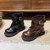 2026 Invierno Nuevo de Moda Botín Cálido con Forro de Felpa para Niñas con Remaches y Botas de Cuero Hebilla de Cinturón de Moda Botines Cortos para Niños