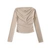 A986-25 Novo Estilo de Verão Menina Francesa Estilo Pura Luxúria Doce Casual Gola Uma Alça Plissada Manga Longa T-shirt Curta