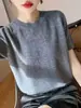 Blusa de manga curta, gola redonda, lisa, cor sólida, estilo coreano, corte reto, com mangas bufantes, 100% lã, adequada para usar em camadas, disponível para dropshipping