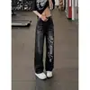Calça jeans masculina com estampa de raio lavada estilo retrô americano, calça slim com vibe de rua, calça de perna reta com leve boca de sino