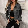 Comercio Transfronterizo Europeo y Americano Sitio Independiente de Amazon Nuevo Estilo Lavado Remache Corto Ajustado Chaqueta de Mezclilla Manga Larga Top