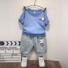 Terno infantil de verão cor sólida letra dos desenhos animados impresso algodão T-shirt manga curta + shorts jeans meninos e meninas conjunto de duas peças