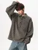 Camisa a rayas de manga larga retro americana para hombres y mujeres, camisa casual versátil de alta calle para otoño, top deportivo holgado estilo old money