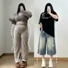 Jeans Cropped Azules de Cintura Alta Pierna Ancha Estilo Chica Picante Talla Plus para Mujer con Estampado de Estrellas y Diseño Desgastado