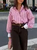 Camisa versátil de moda casual vintage al por mayor de comercio exterior europeo y americano con puños a rayas y colores contrastantes