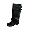 2026 Hebilla Original Botas de Pantalón para Mujer, Nuevo Otoño/Invierno Piel de Vaca Tacón Grueso Botas de Caballero Plegadas Vintage, Negro