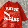 Proteja Nossos Oceanos Roupas de Pouso de Baleia Masculina Verão Nova Camiseta Retrô Solta Manga Meia Manga Camiseta Personalizada