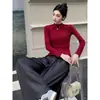 Camiseta Básica de Otoño para Mujer con Cuello Medio Alto, Sencilla y Cómoda, Color Sólido, Manga Larga, con Forro Polar de Microfibra y Acabado de Aceite de Coco