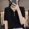 Suéter Feminino de Algodão Puro com Decote V Fino de Manga Curta para o Verão, Simples, Emagrecedor, Manga Meia-Manga, Estilo Ocidental, Moda, Top Curto de Cor Sólida