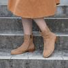 Botas Curtas de Couro Genuíno Khaki Huizu Mei para Mulheres 2025 Outono Novo Estilo Britânico Camurça de Vaca Bico Redondo Botas Femininas Atacado