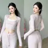 Conjunto de Roupas de Yoga Color Block com Sensação de Pele, Manga Longa, Semi-Fixas, para Corrida, Slim-Fit, Esportivo, com Decote Halter, Respirável, para Pilates e Fitness