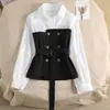 Blusas de outono para mulheres petite, gola polo patchwork, estilo Chanel irregular, versátil e fashion, com design que afina a cintura, camisa de manga longa