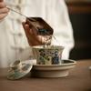 Tazón de té retro grande individual de Xi le gaiwan de color gris hierba y madera, tazón de té kung fu, tazón de té gaiwan de tres piezas sin quemaduras