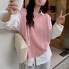 Chaleco de punto de lana 100% estilo coreano para mujer, suelto, sin mangas, con giro, para otoño e invierno, suéter corto apilado