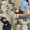 Estilo coreano hada estilo occidental azul tejido top otoño e invierno ajuste ceñido estilo perezoso prenda exterior traje pequeño de dos piezas