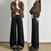 Jeans Wide Leg Preto com Estampa de Leopardo Retro Americano Feminino Primavera Outono Novo Cintura Alta Reto Solto Comprimento Total Calças com Barra