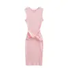 Vestido de Tricô sem Mangas com Cintura Torcida e Design que Abraça o Corpo, Cintura Marcada, Emagrecedor, Vestido Regata, Saia Longa, Algodão