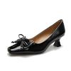 Tacones Altos Rojos Stiletto Elegantes de Mujer Primavera y Otoño 2025 Lazo Punta Cuadrada Francesa Zapatos Planos Tacón Medio de Mujer