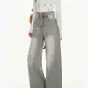 Jeans Versátil Lavado com Textura Vintage para o Dia a Dia de Cintura Alta Cor Cinza Mocha Estiloso Slim Fit Calças Wide-Leg