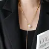 Colar de Aço Titânio com Pingente de Pérola e Franja Estilo Celebridade Corrente Longa para Suéter Acessórios de Outono e Inverno Femininos Pérola Artificial Branca