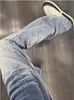 Jeans Fit Limpio con Estampado de Rayos Azul Claro para Hombre, Pantalones con Estilo High Street Americano, Pantalones Acampanados Lavados tipo Cimitarra