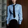 Camisa de Moda Transfronteriza a Rayas con Solapa para Mujer 2026 Nuevo Estilo Manga Larga Dobladillo Irregular Camisa Negra de Corbata para Viajes