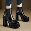 Botas de Cano Curto com Salto Super Alto Estilo Coreano Salto Bloco Femininas 2026 Outono Inverno Tendência Solado Grosso Impermeável Plataforma Bico Redondo Retrô Marrom Botas de Moda