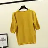 Suéter de Punto de Seda Helada Nuevo de Primavera y Otoño para Mujer, Manga Media Fina de Verano, Cuello en V, Ropa Exterior, Top Base Holgado de Manga Media de Cinco Puntos