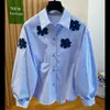 Irmã Gorda 100kg Tamanho Plus Primavera e Outono Design Único Bordado Floral Listrado Manga Longa Camisa Feminina Top Solto