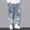 Jeans para Hombre Marca de Moda Rap Hip Hop Pierna Recta Pierna Ancha Pantalones Graffiti Dibujos Animados De Moda Gradiente Pierna Suelta Pantalones Harem
