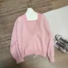 Nuvem Rosa/Outonal Peludo Decote V Profundo Emagrecedor Camada sobre Camada Cor Sólida Básico Chique Moda Casual Malha Top Transfronteiriço