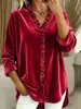 Nuevo Top de Manga Larga para Mujer 2026 Otoño/Invierno, Transfronterizo Europeo y Americano, Amazon, Color Sólido, Cuello en V, Volantes, Textura de Terciopelo
