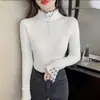 Suéter de cuello semi-alto para mujer, capa base ajustada, manga larga, top de punto de encaje de dos piezas simulado para primavera, otoño e invierno