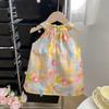 Falda estilo pastoral de verano para niñas, con estampado vintage de flores de peonía y cuello redondo.