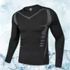 Roupas fitness transfronteiriças para homens, camisa esportiva justa, seda gelada de secagem rápida e alta elasticidade, camiseta de manga comprida para corrida e treinamento masculino