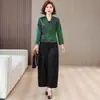 Calidad garantizada, elegante conjunto de dos piezas para mujer estilo mamá, estilo chino, cuello en V, abrigo de seda extragrande y pantalones estampados florales, nuevo para primavera/otoño