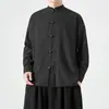 Camisa de manga larga estilo Tang para hombre, cuello alto, talla grande, temporada de primavera y otoño, botón de rana, casual, blanca, 2026, estilo chino, holgada, china