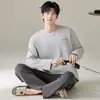 Pijama masculino de algodão puro com mangas compridas para primavera e outono, novo estilo 2026, conjunto de loungewear masculino de algodão para outono, adequado para usar fora