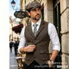 Chaleco de traje para hombre estilo europeo y americano con rayas verticales, patrón de espiga retro, cuello solapa, de un solo botón, corte ajustado, talla europea