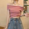 Suéter Top Rayado Rosa para Mujer Nuevo Chica Caliente Retro Verano Ajustado Ligero Maduro Para Ir al Trabajo Hombro Descubierto Mangas Cortas