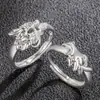 Tótem Étnico Dragón Plateado y Fénix Relieve Anillo Dragón y Fénix Pareja Apertura Anillo de Dedo Dragón y Fénix Regalo de San Valentín
