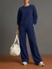 Conjunto de punto para mujer europeo y americano transfronterizo con cuello redondo, hombros caídos, manga larga y pantalones de pierna ancha de cintura alta, ajuste holgado, para ir al trabajo y estar en casa