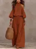Conjunto Europeu e Americano Transfronteiriço Amazon Moda Feminina Casual Gola Redonda Solto Manga Longa Vazado Top e Calça Longa Franzida