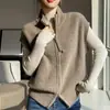 2025 Nuevo Chaleco de Punto de Lana Pura de Cuello Alto Medio Cardigan con Doble Cremallera Color Sólido Cálido Sin Mangas