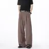Calça masculina plissada estilo americano vintage cor sólida drapeada 2026, calça casual versátil da moda de perna larga solta estilo old money