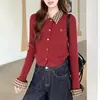 Suéter de punto trenzado patchwork a cuadros estilo coreano para mujer, nuevo top corto estilo universitario de otoño e invierno con cuello Polo